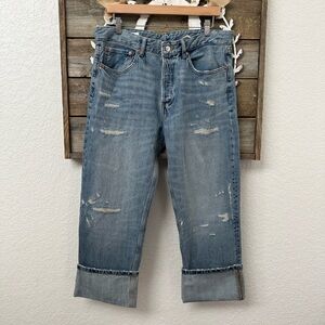Zara cuffed crop rigid denim jeans‎ distressed cotton ladies US 10